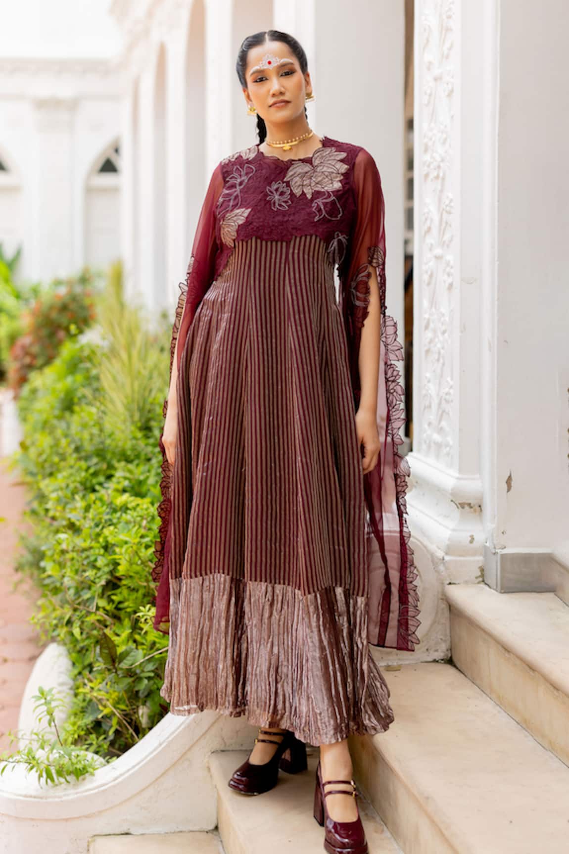 Chambray & CO. Simran Embroidered Floral Overlay & Striped Kurta