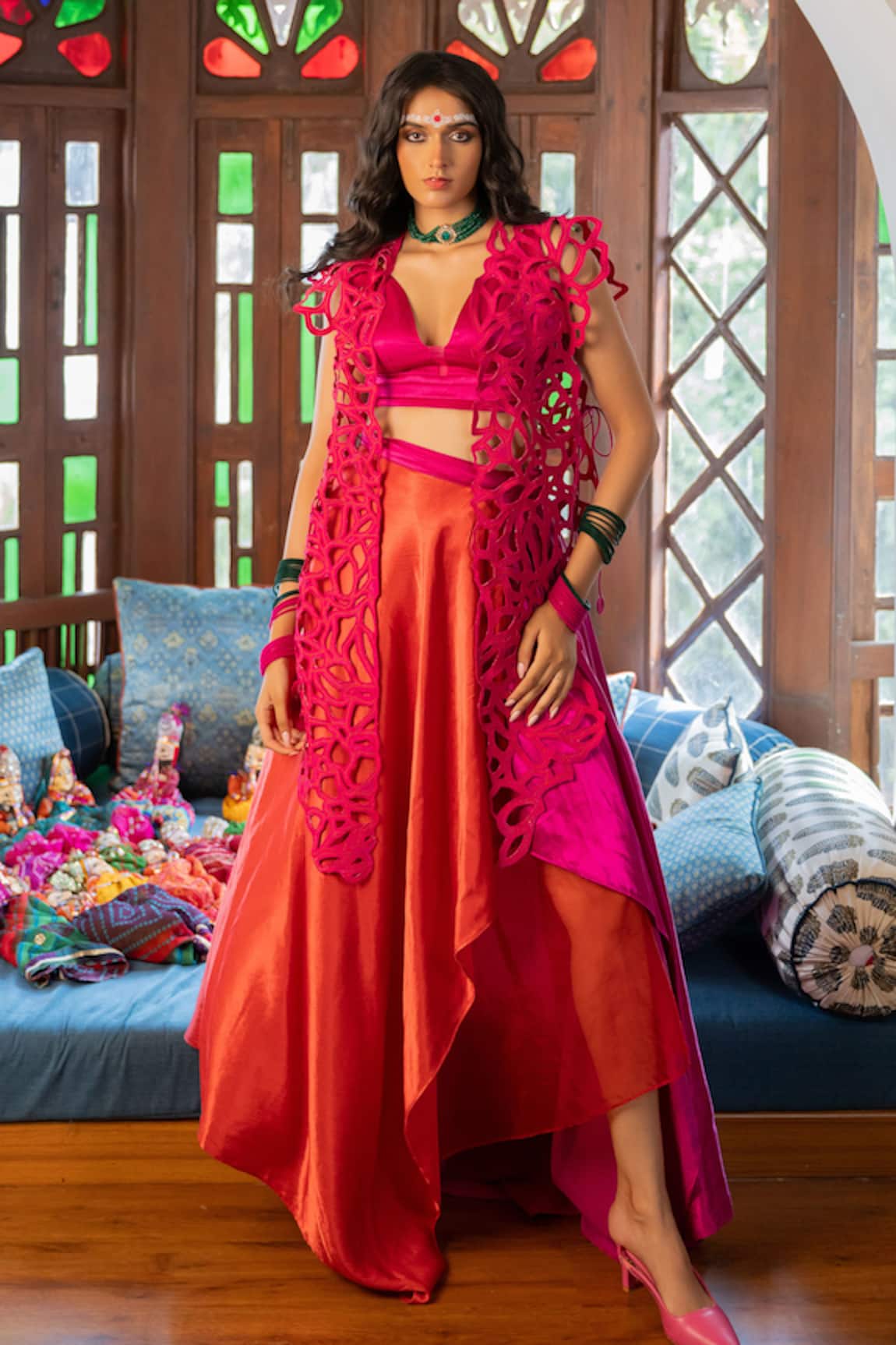 Chambray & CO. Cerise Cutwork Overlay & Skirt Set