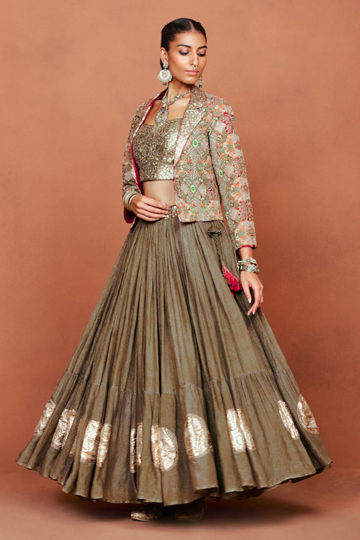 Sue Mue Bijli Tribal Pattern Jacket Lehenga Set 