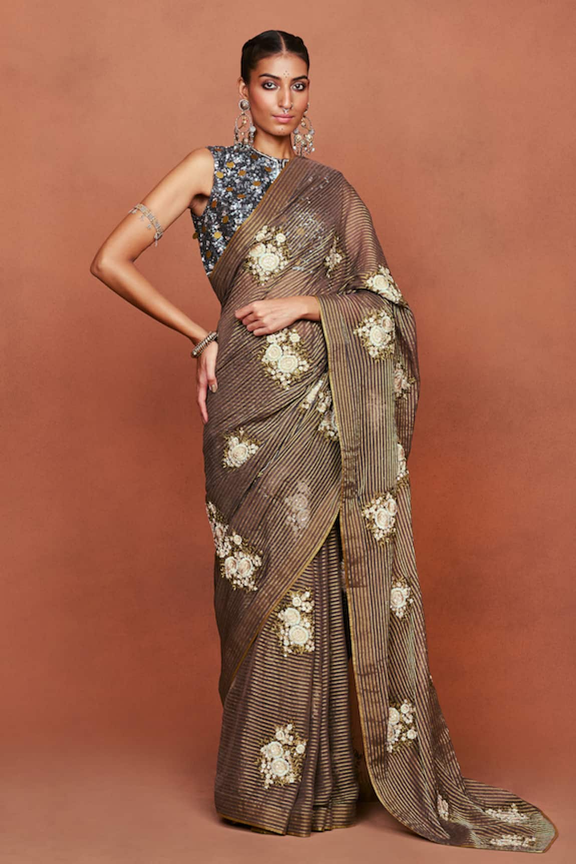 Sue Mue Siyara Floral Embroidered Saree & Blouse Set