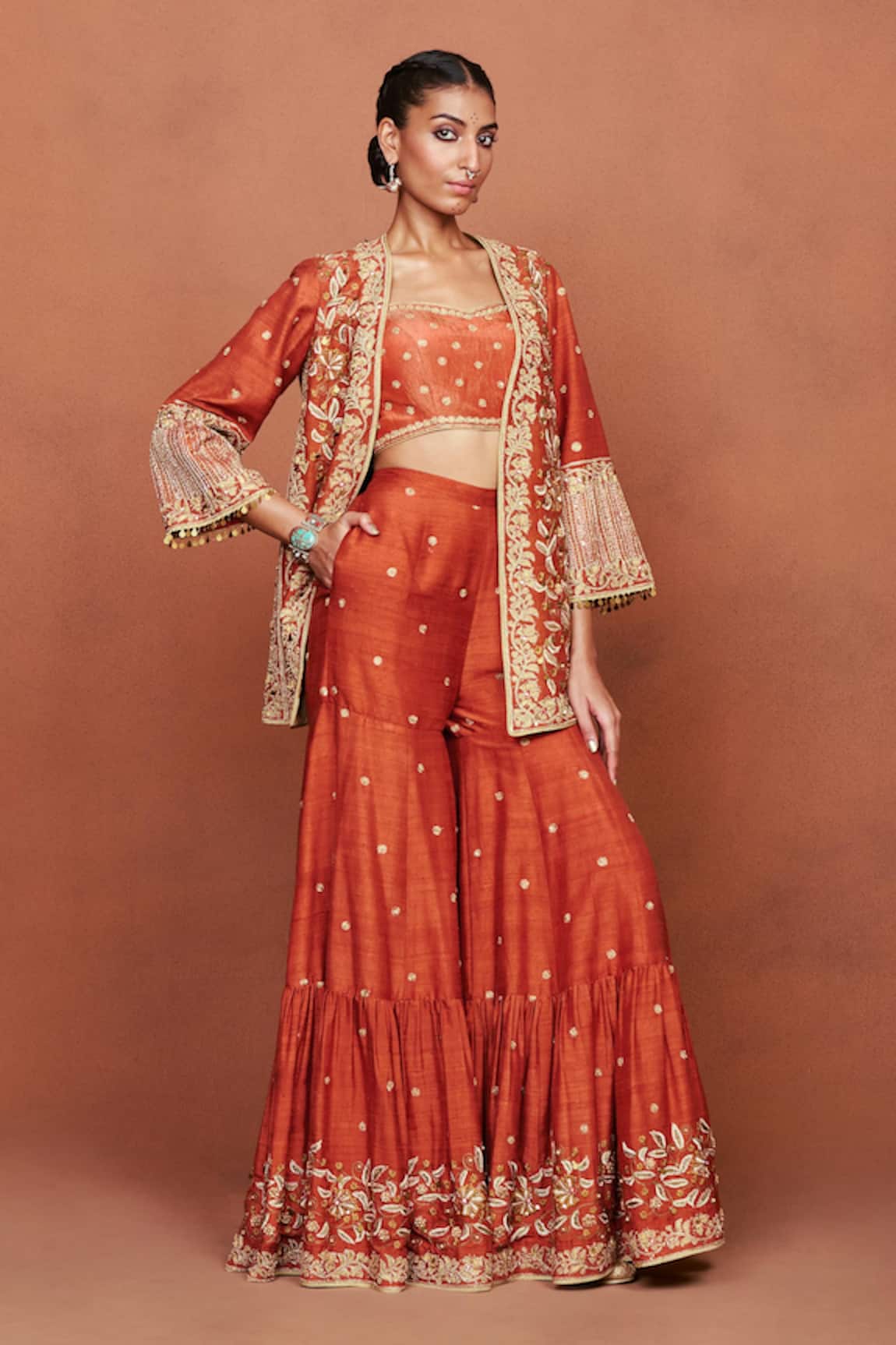 Sue Mue Zaiba Floral Embroidered Jacket Gharara Set