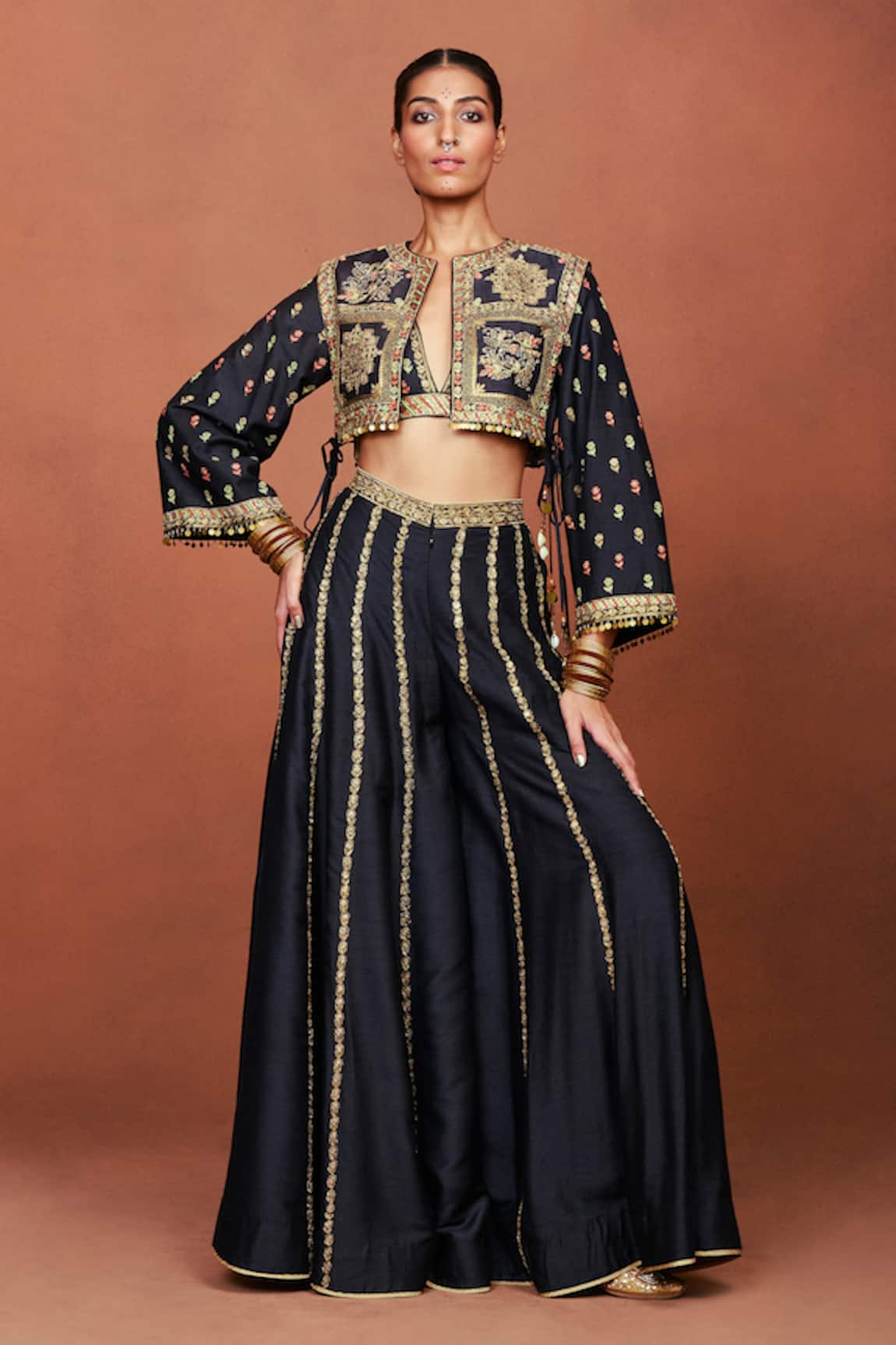Sue Mue Rewa Geometric Embroidered Jacket Sharara Set