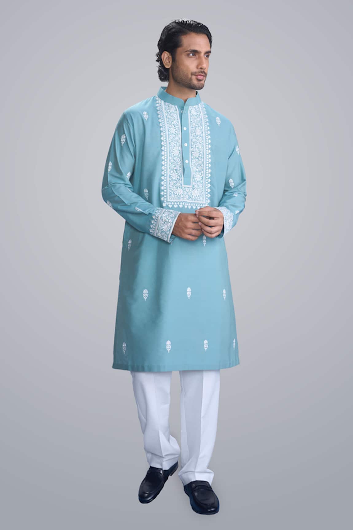 Sanjev Marwaaha Teal Embroidered Kurta Set