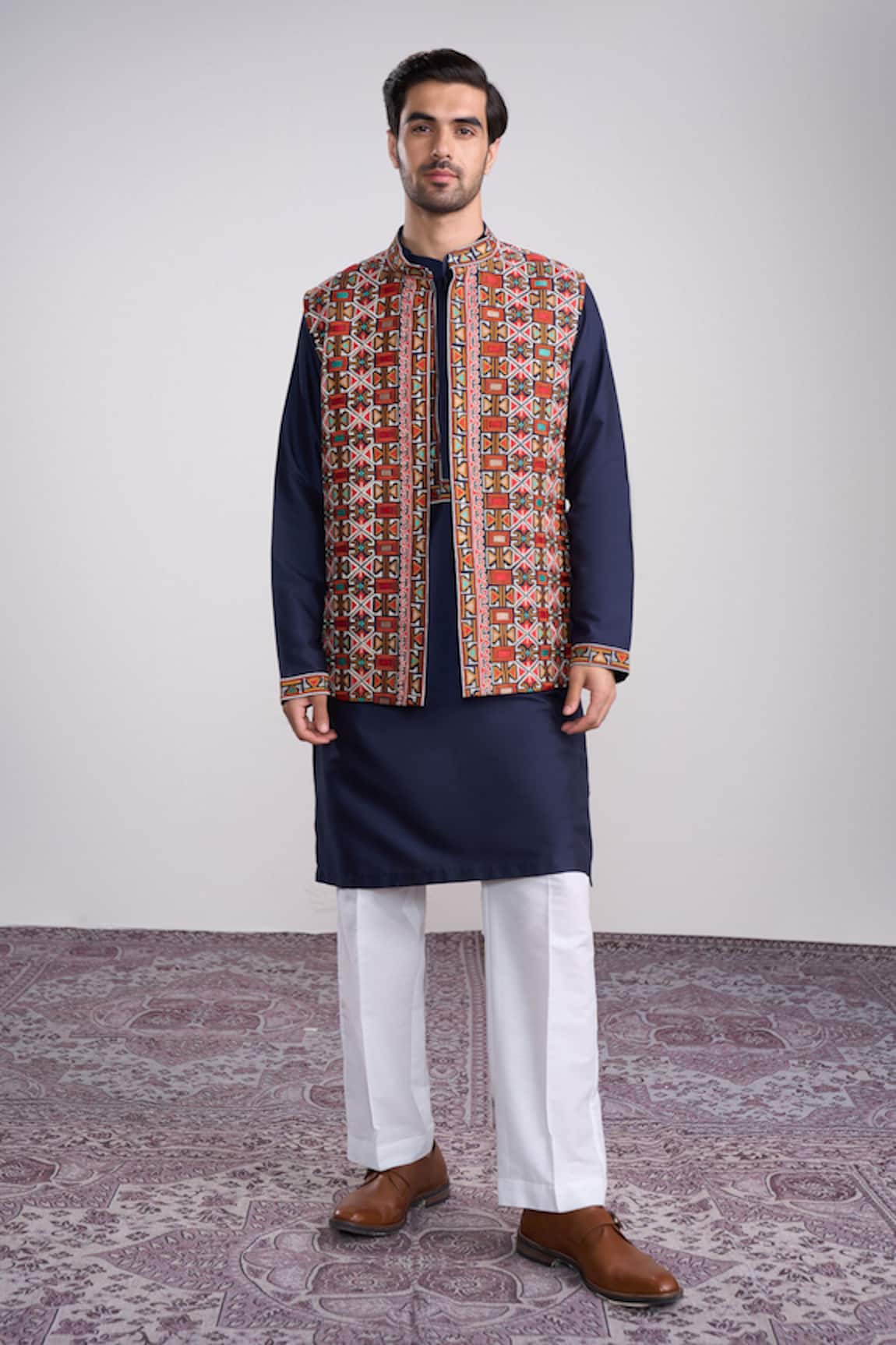 Sanjev Marwaaha Navy Blue Cotton Silk Kurta Set