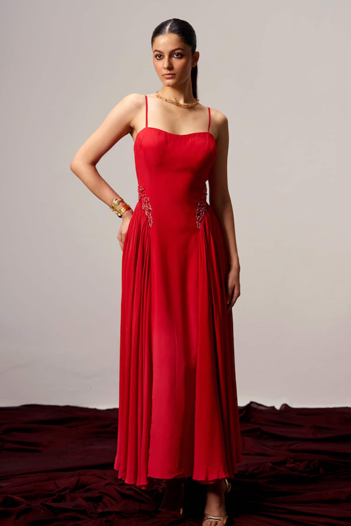 Sakshi Khetterpal Spaghetti Strap Pleated Maxi Dress 