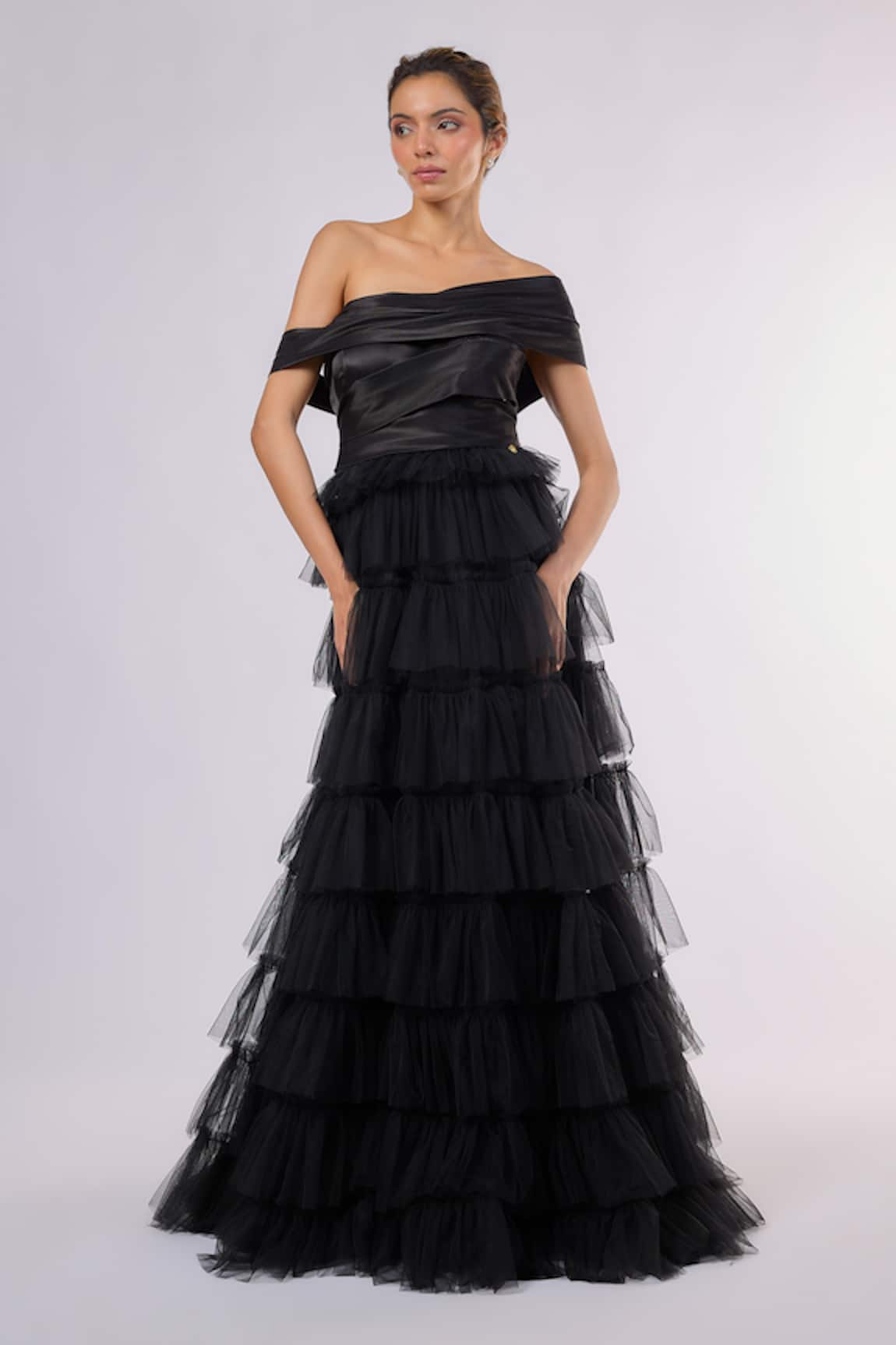 Emblaze Off-Shoulder Tiered Tulle Gown 