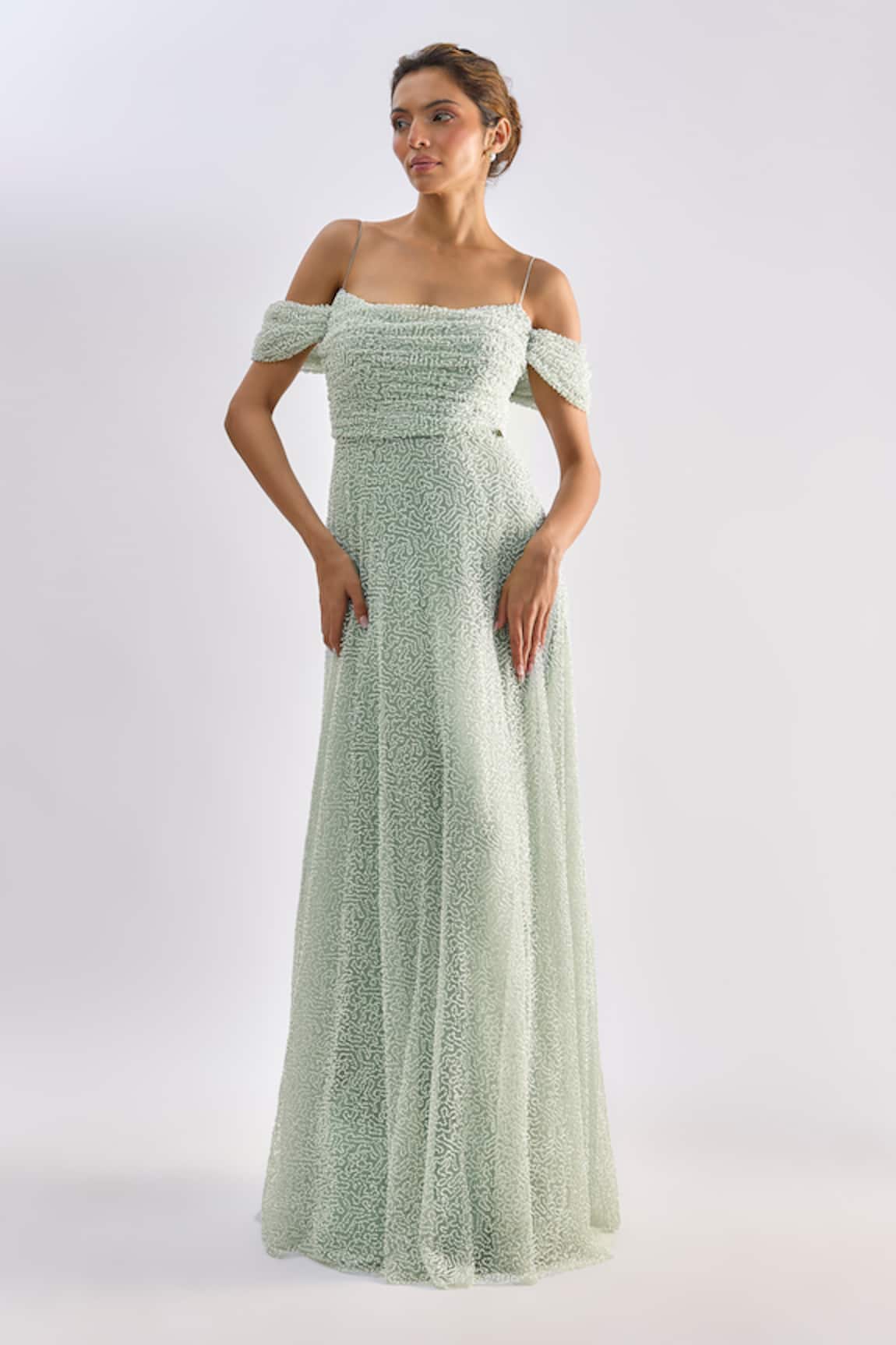 Emblaze Beaded Off-Shoulder Tulle Gown 