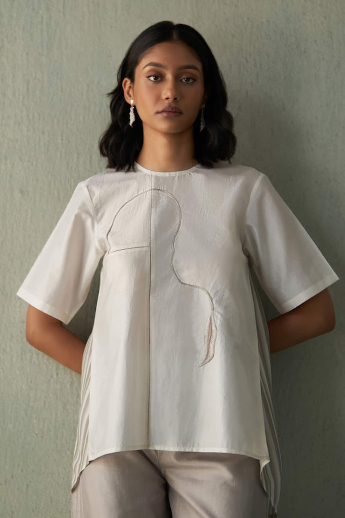 Febo6 Leaf & Twig Embroidered Silk Top