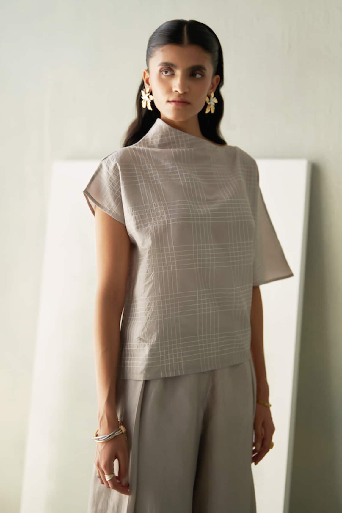 Febo6 Steel Grid Pattern Silk Asymmetric Blouse 