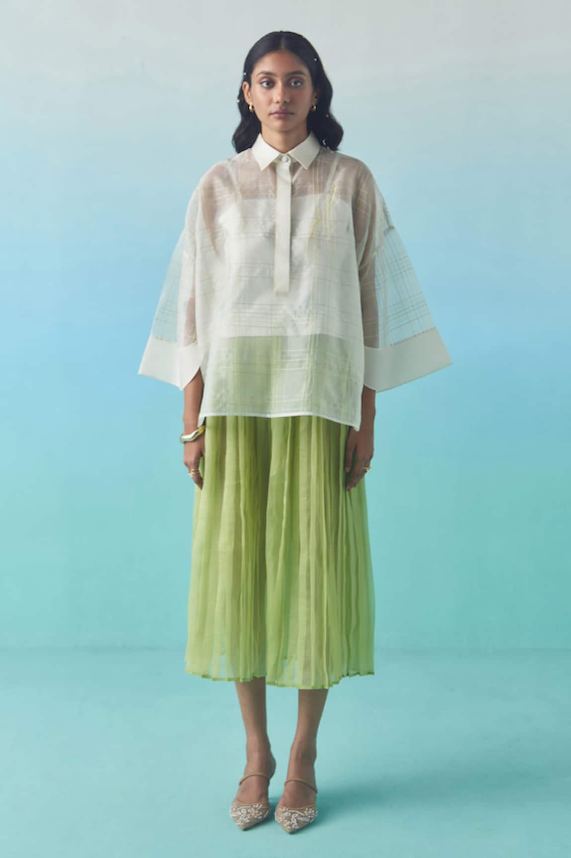 Febo6 Pleated Organza Midi Skirt 