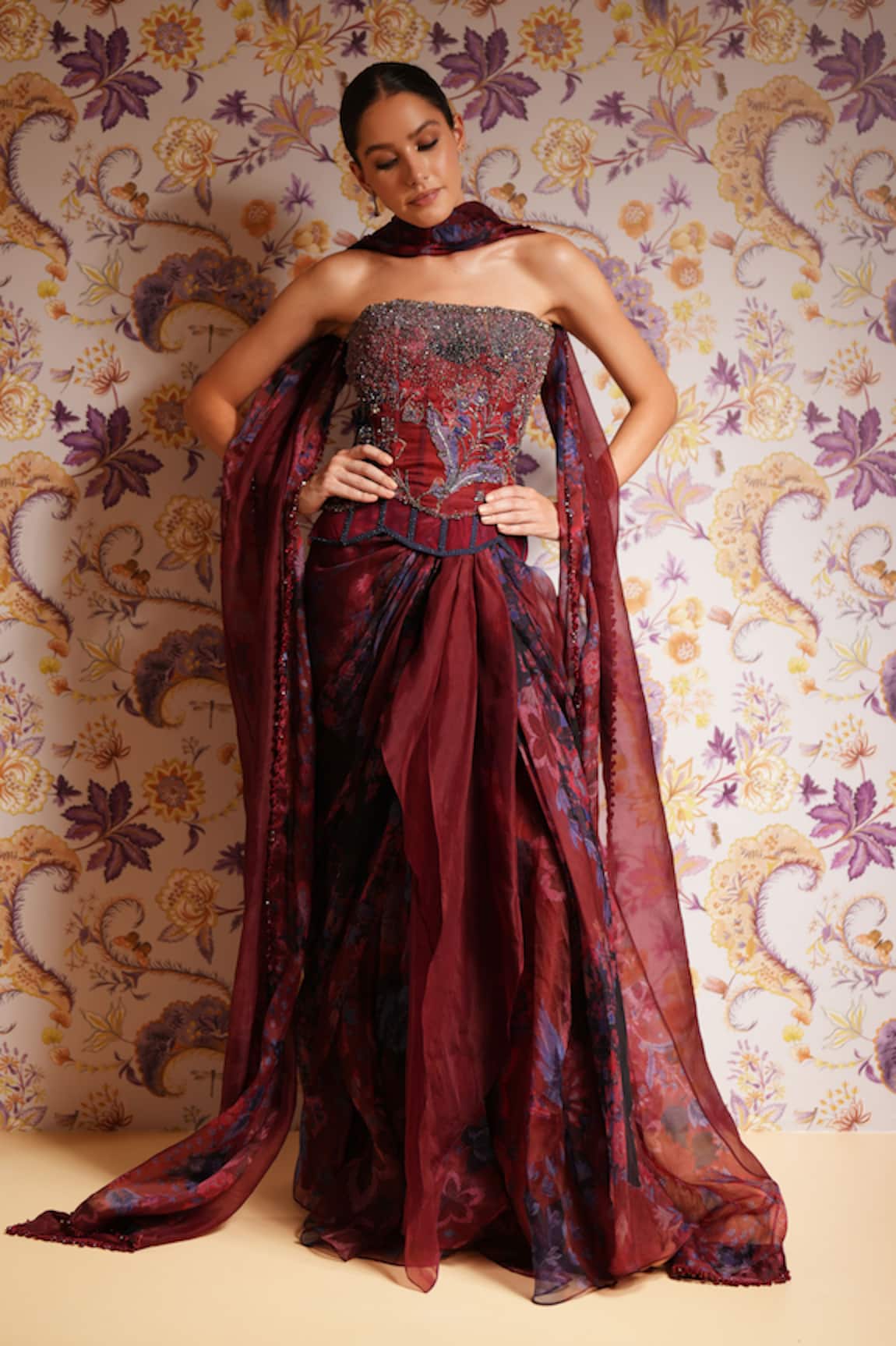 Mahima Mahajan Mira Embroidered Corset & Draped Skirt Set