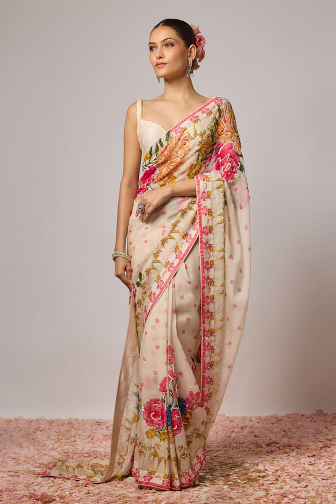 Krishna Padia Floral Embroidered Pre-Draped Saree With Blouse