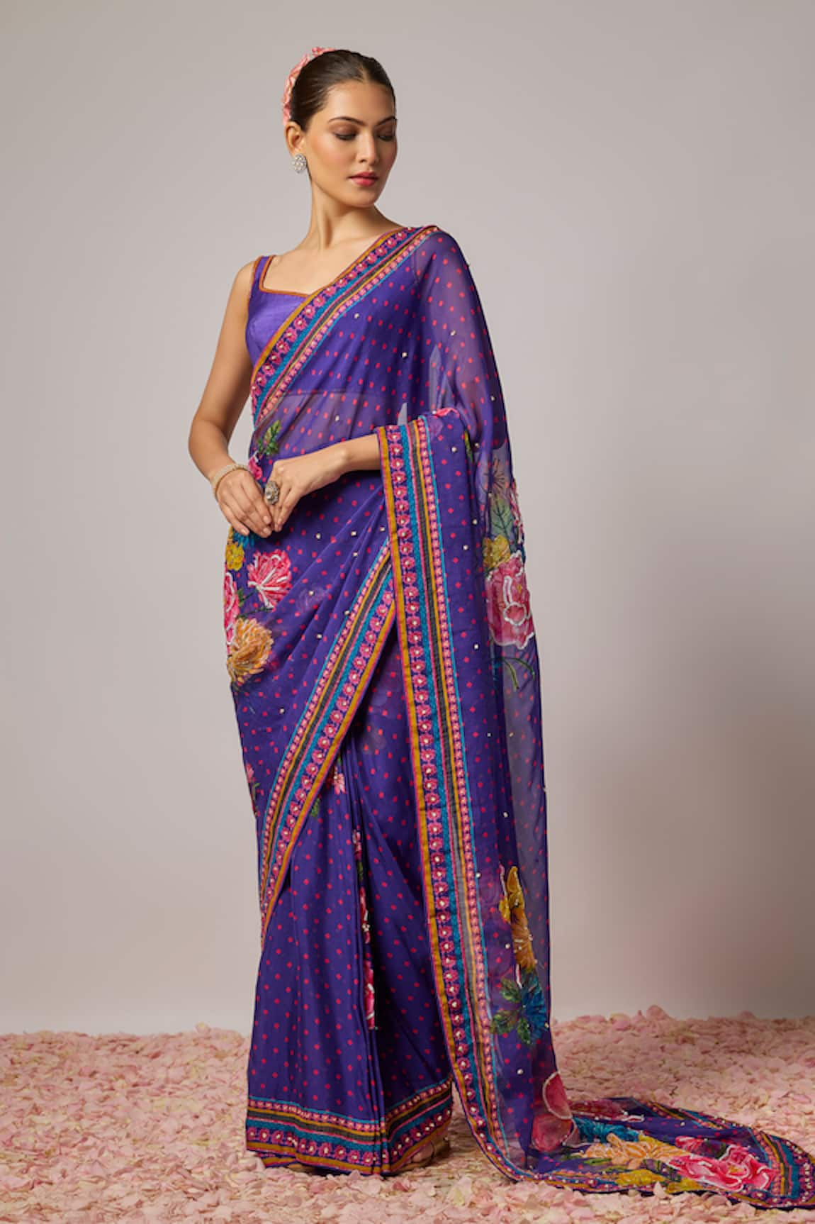 Krishna Padia Floral Hand Embroidered Pre-Draped Saree & Blouse