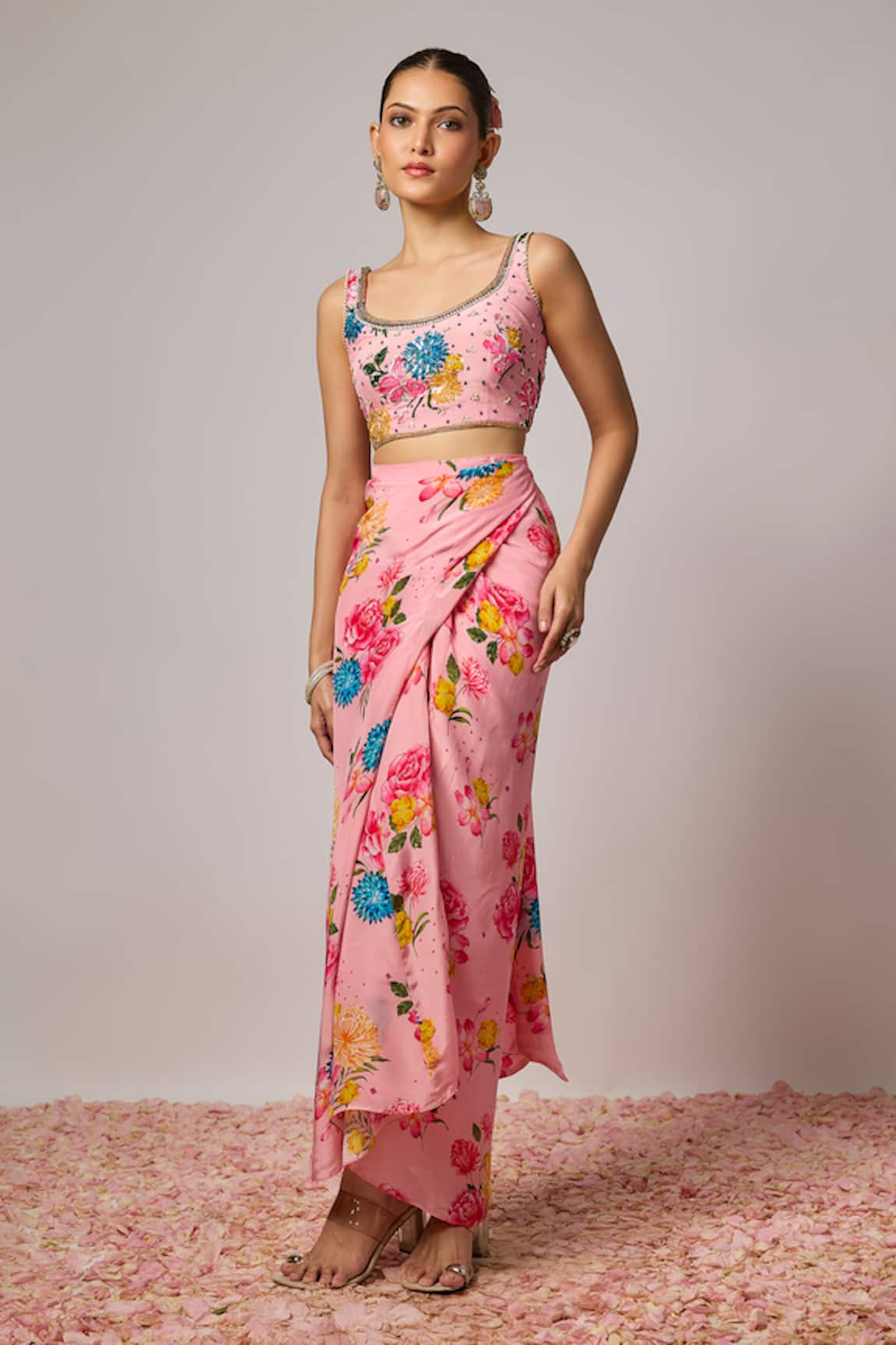 Krishna Padia Floral Hand Embroidered Blouse & Draped Skirt Set