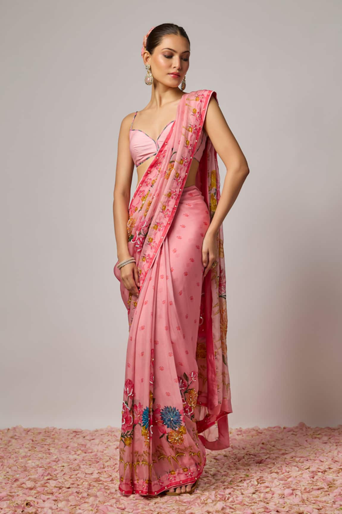 Krishna Padia Floral Hand Embroidered Pre-Draped Saree With Blouse