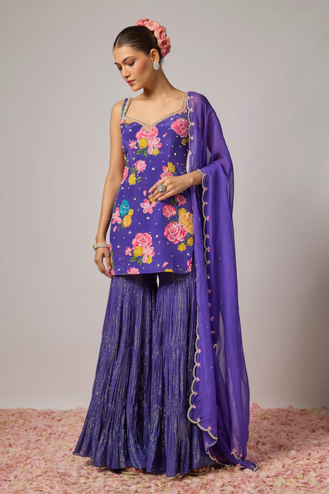 Krishna Padia Floral Hand Embroidered Kurta Sharara Set