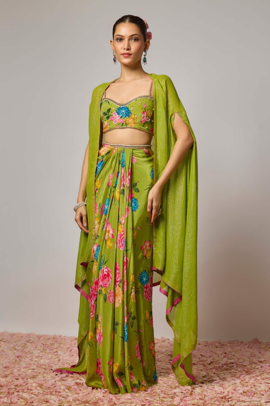 Krishna Padia Floral Hand Embroidered Cape Draped Skirt Set