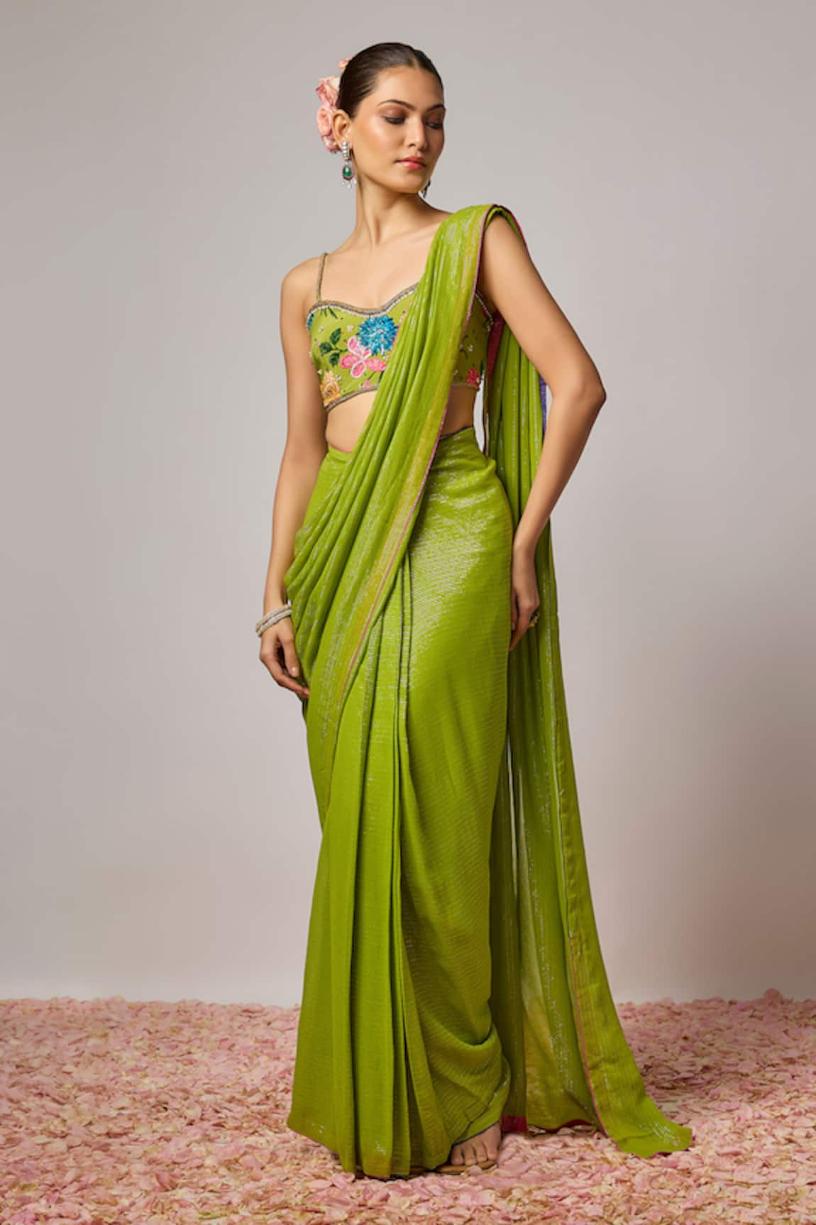 Krishna Padia Floral Hand Embroidered Pre-Draped Saree With Blouse