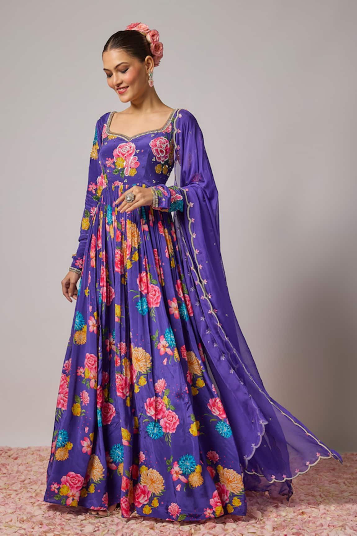Krishna Padia Floral Print Anarkali With Dupatta