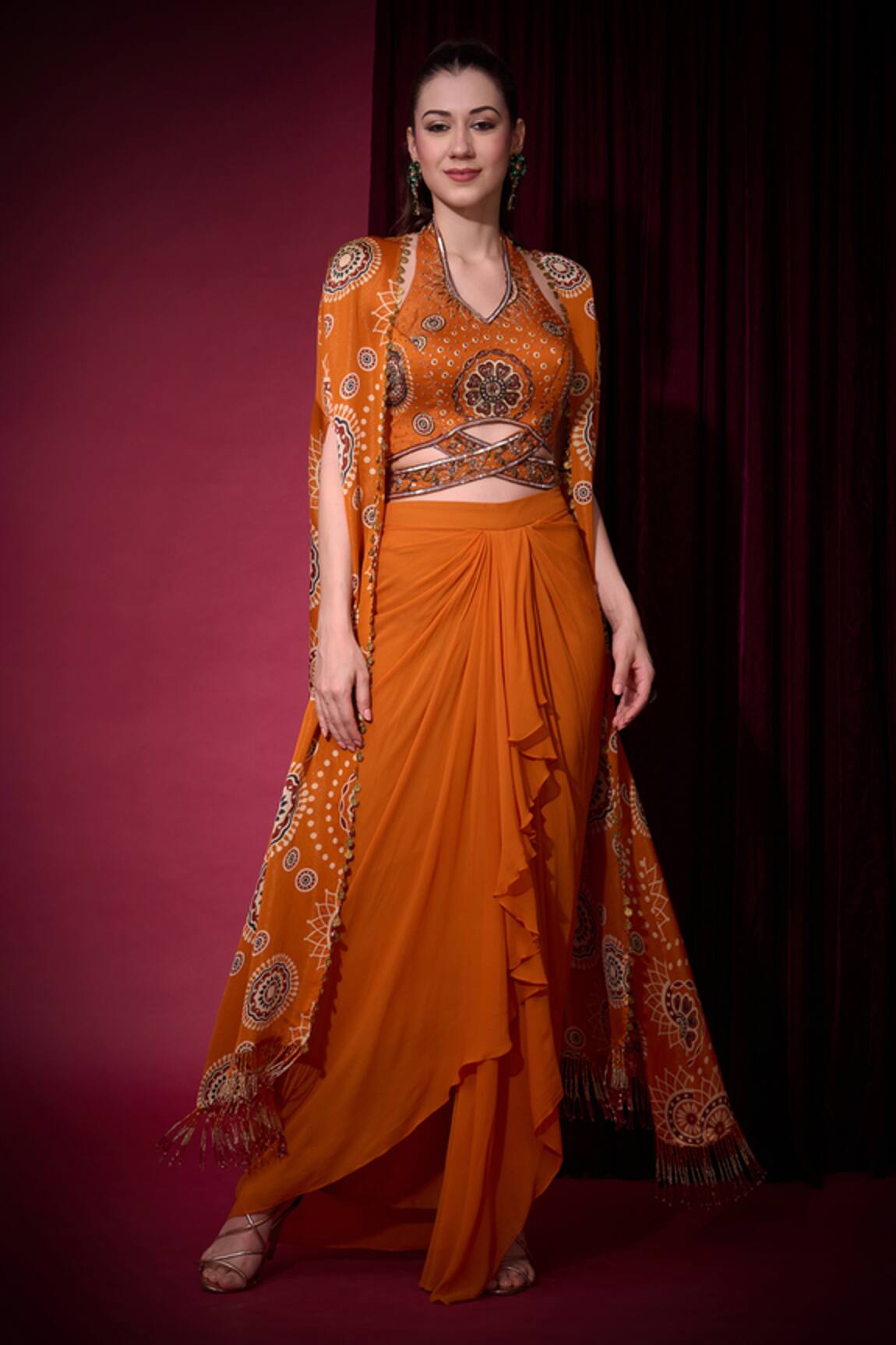 Aayushi Maniar Golakaari Printed Cape & Draped Skirt Set