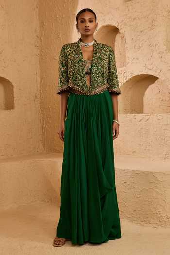 Buy Green Georgette, Crepe Embroidery, Beads, Arden Jacket And