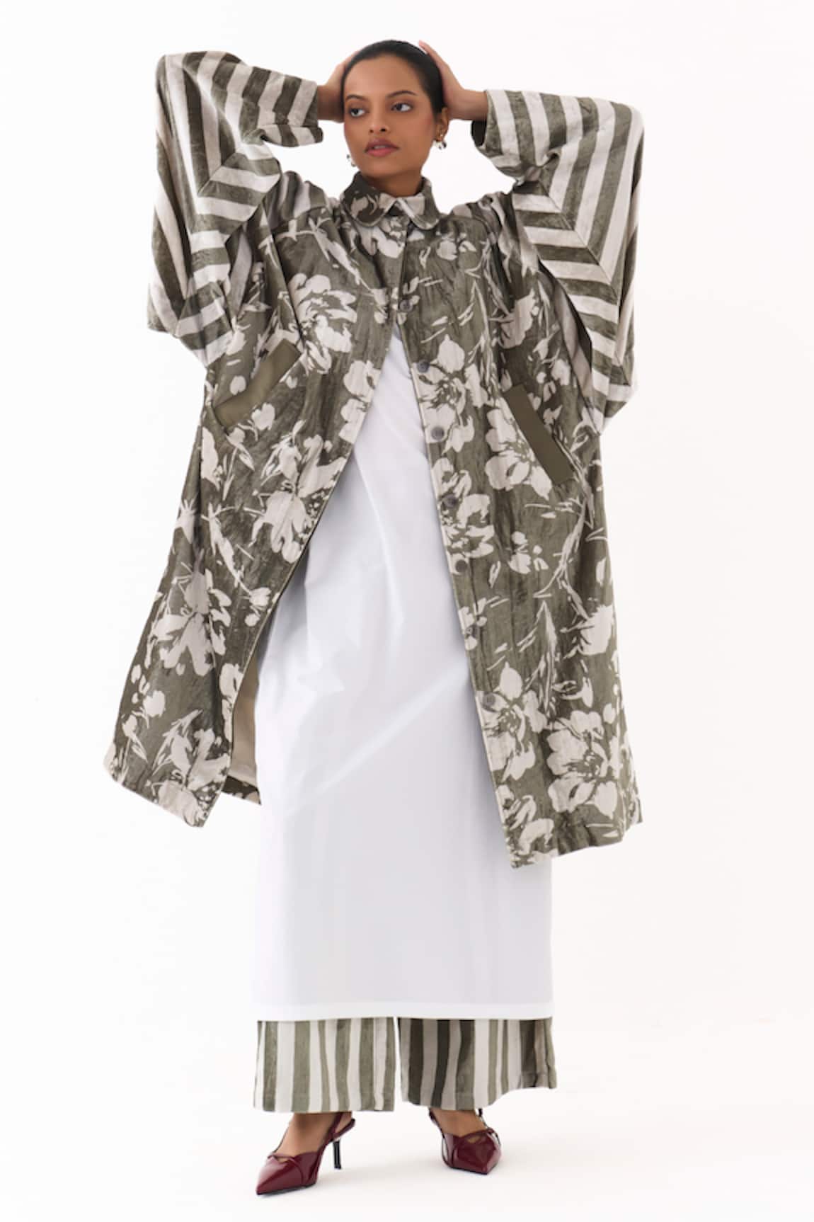 Three Floral Print Jacket & Kurta Set