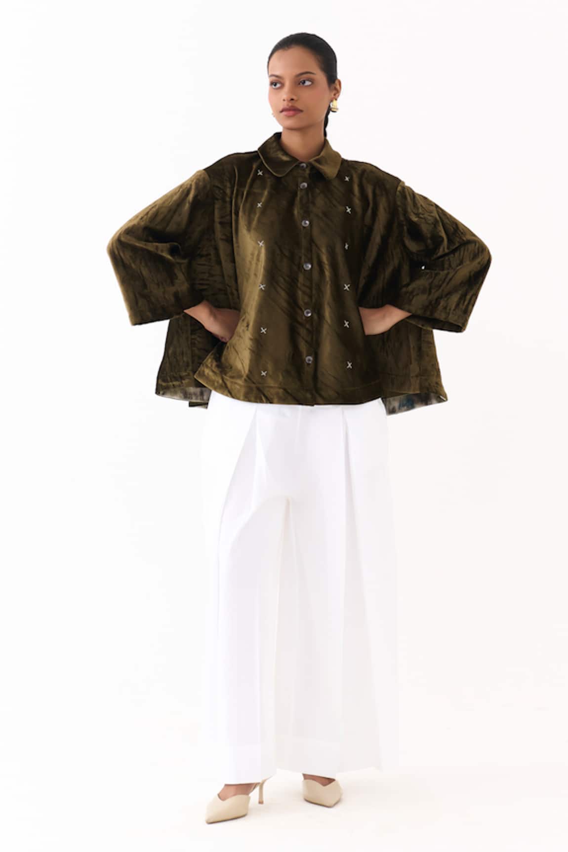 Three Velvet Embroidered Shirt With Inverted Pleated Pant