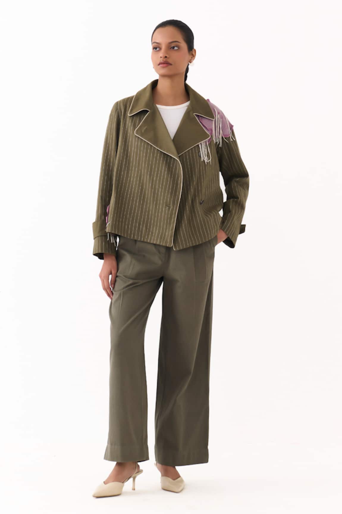 Three Pinstripe Linear Embroidered Jacket & Pant Set