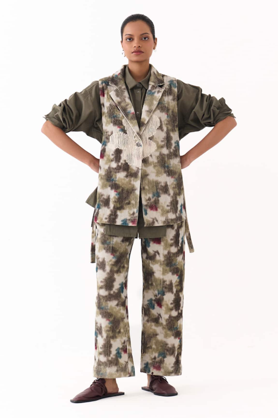 Three Floral Embroidered Waistcoat Pant Set