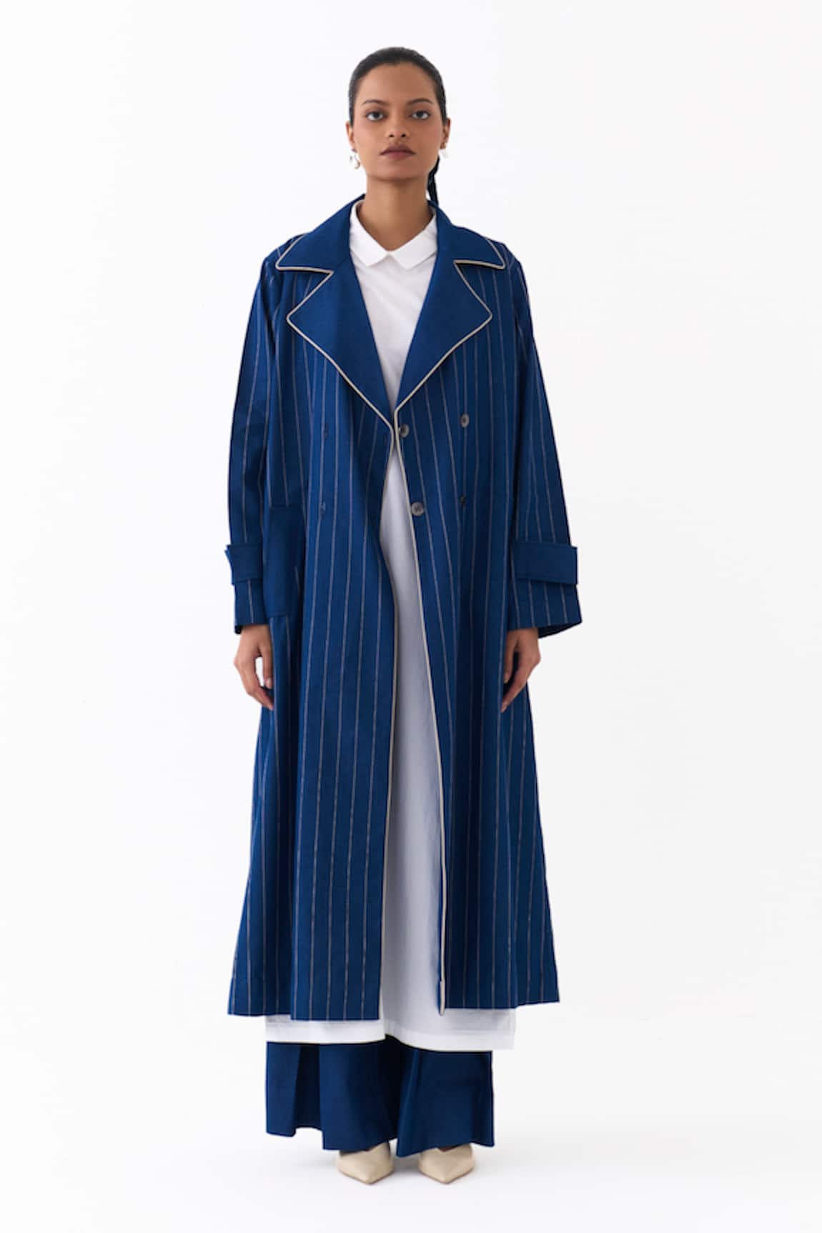 Three Pinstripe Pattern Trench Jacket & Kurta Set