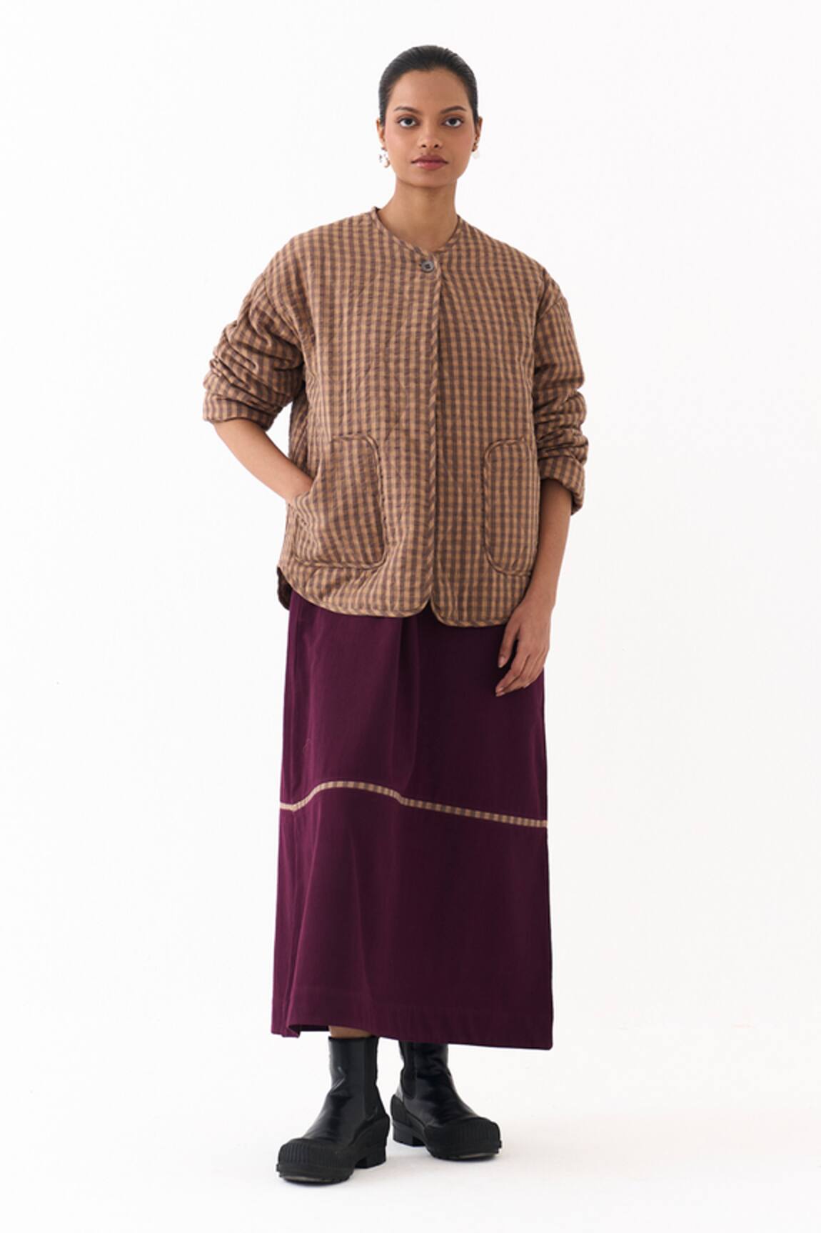 Three Quilted Pattern Jacket With Midi Dress