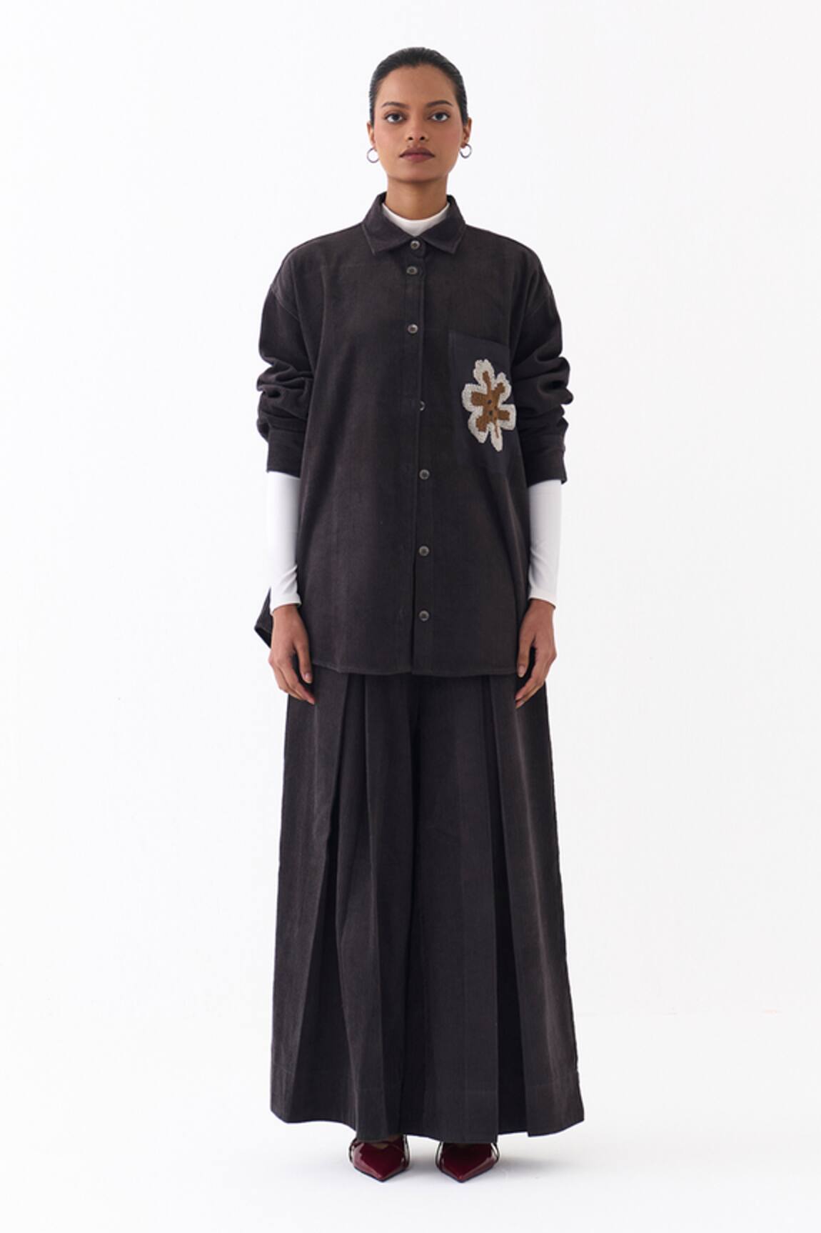 Three Patchwork Embroidered Shirt & Pleated Pant Set