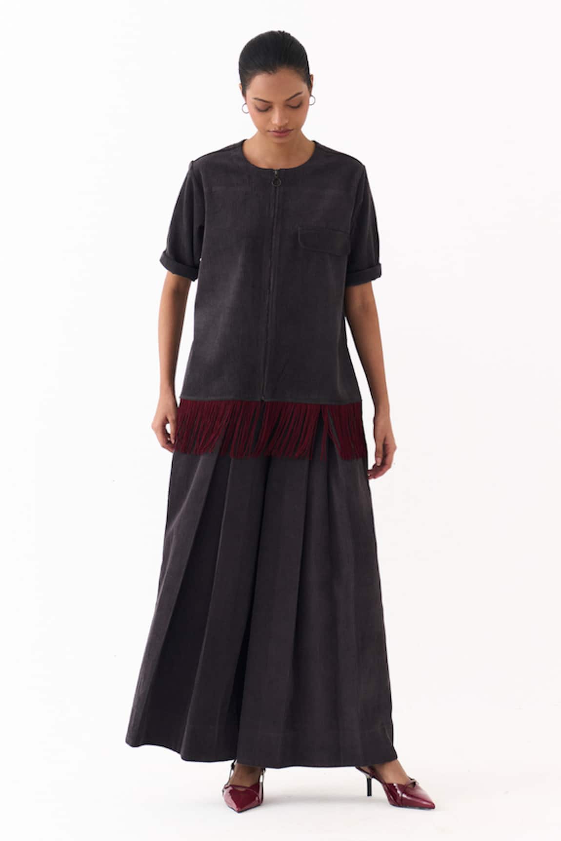 Three Corduroy Fringe Shacket & Pleated Pant Set