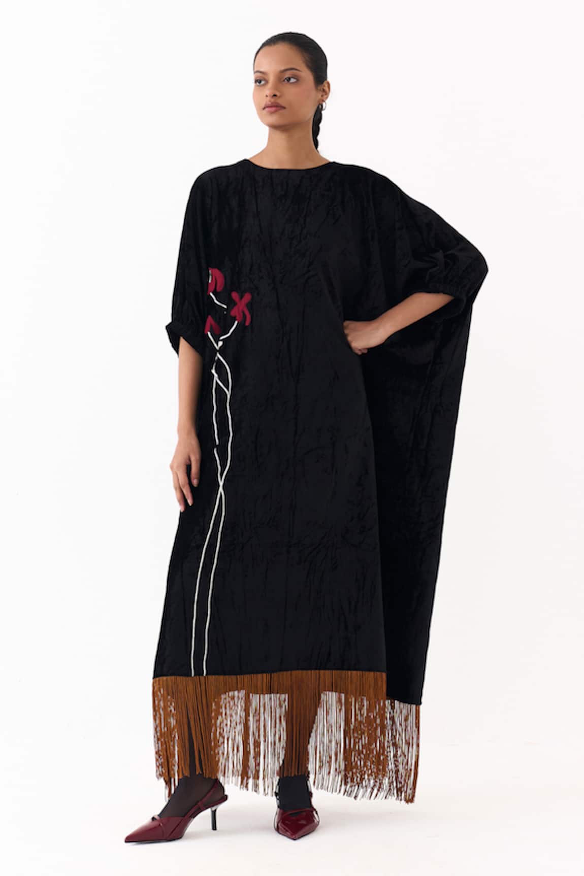 Three Poppy Applique Fringe Kaftan