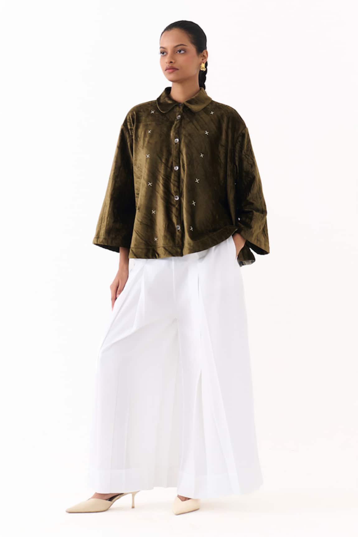 Three Velvet Cross Stitch Embroidered Shirt