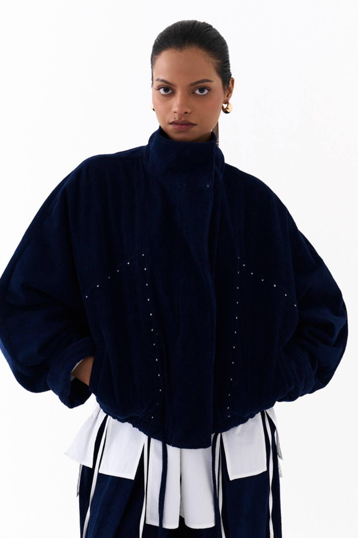 Three Corduroy Drawstring Bomber Jacket 