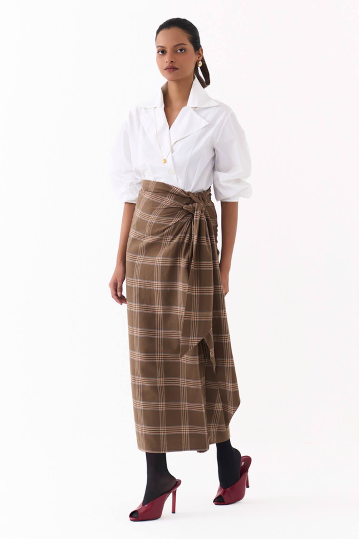 Three Checkered Print Twist Skirt