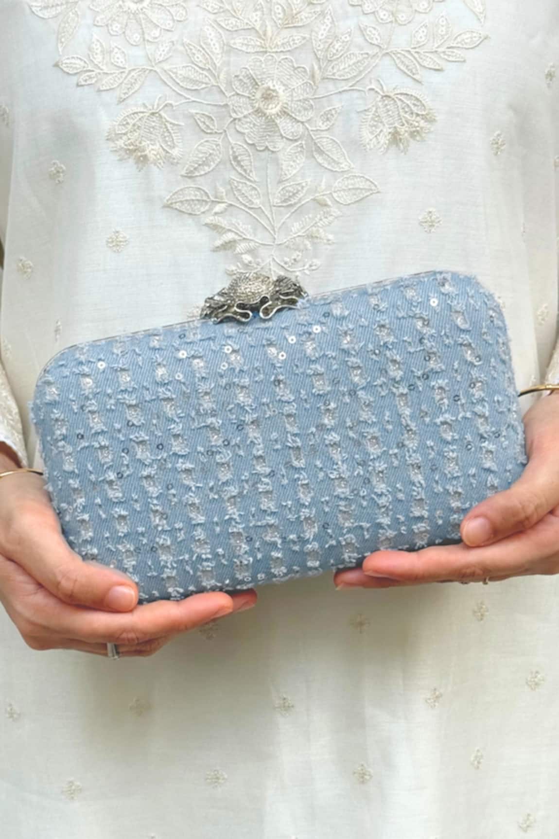 Amyra Sequin Embroidered Denim Clutch