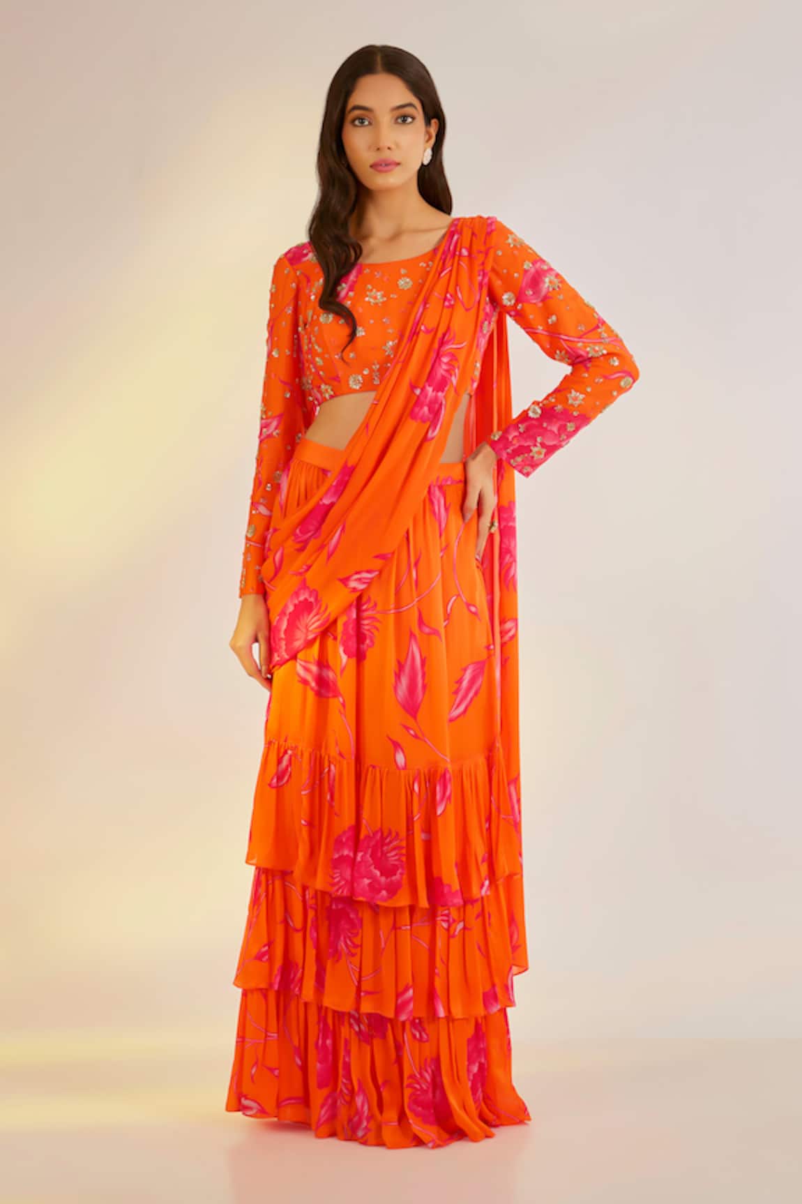 Ewoke Orange Ruffle Lehenga Saree With Blouse