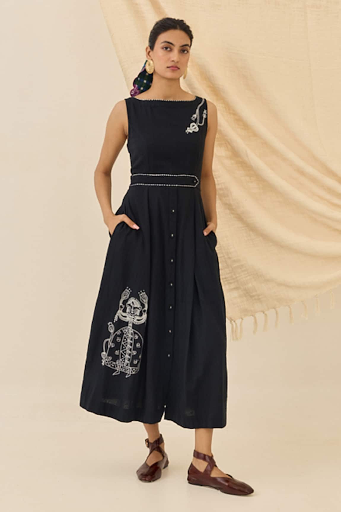 Jodi Jugnu Kala Cotton Embroidered Midi Dress