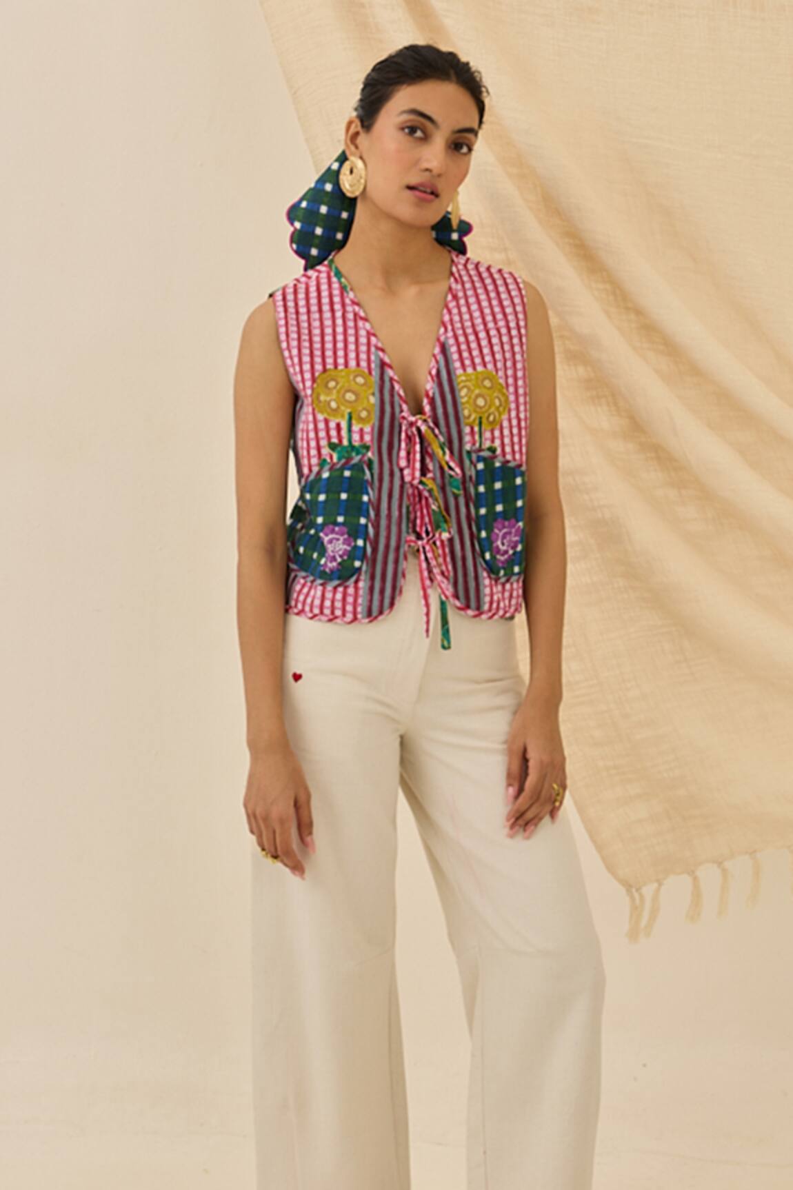 Jodi Lali Checkered Front Tie-Up Waistcoat