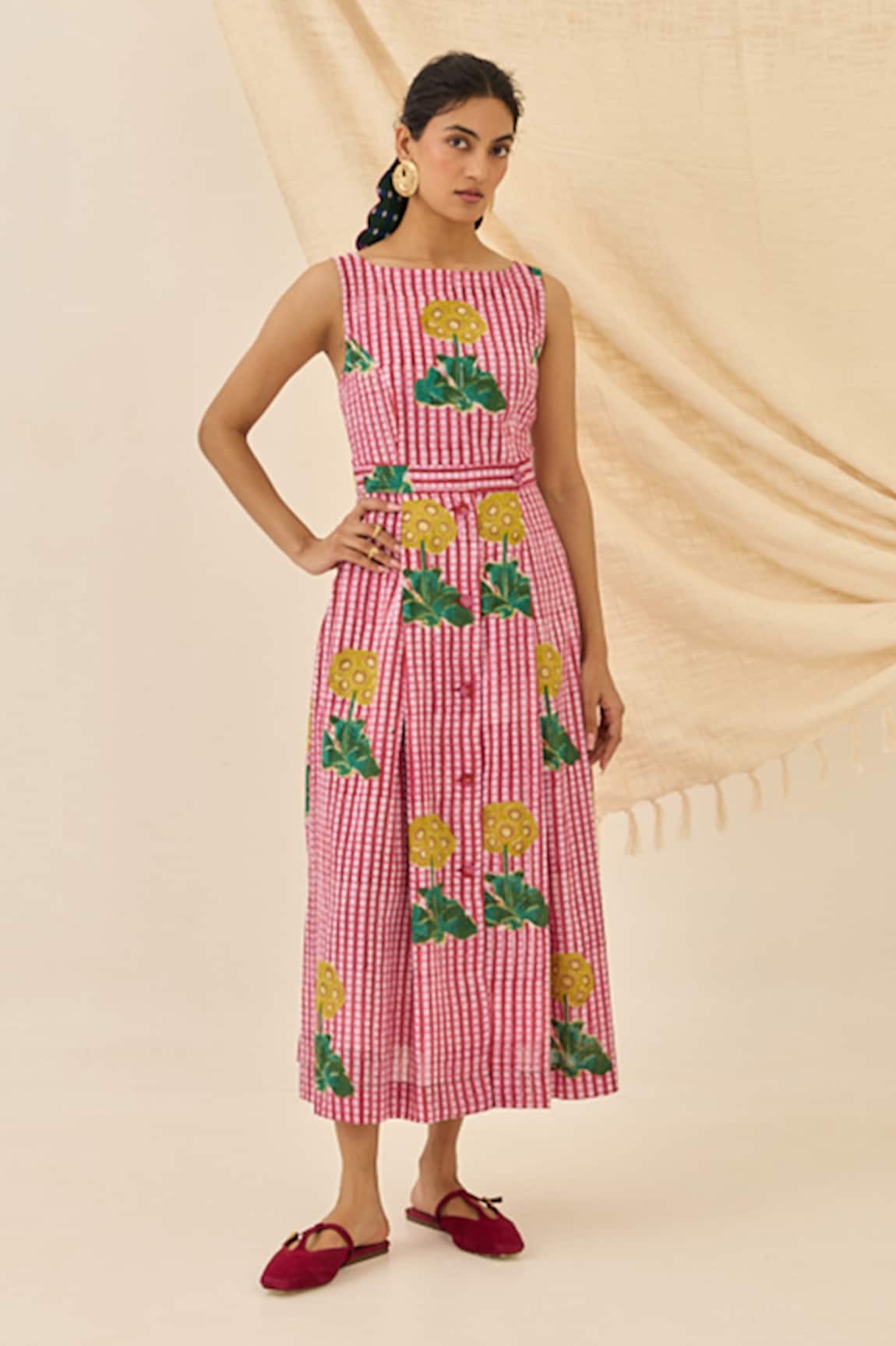 Jodi Lali Striped Floral Print Midi Dress