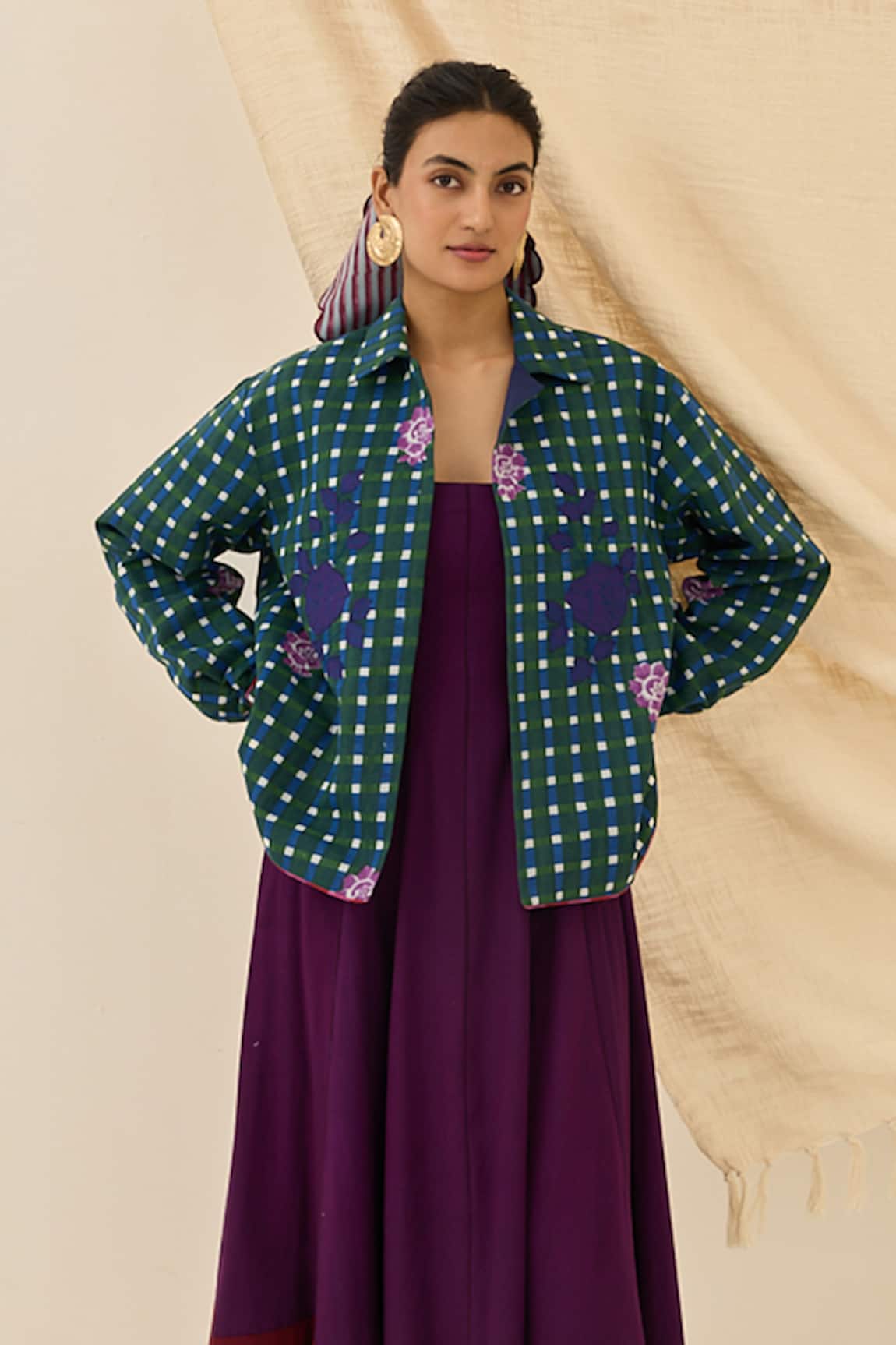 Jodi Pakhi Gingham Check Floral Applique Jacket