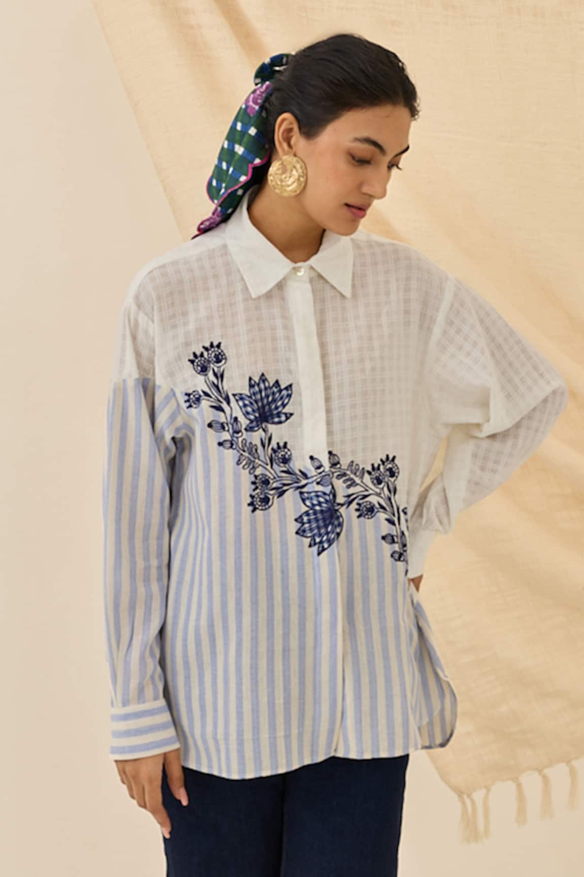 Jodi Kunj Striped & Checkered Floral Embroidered Shirt