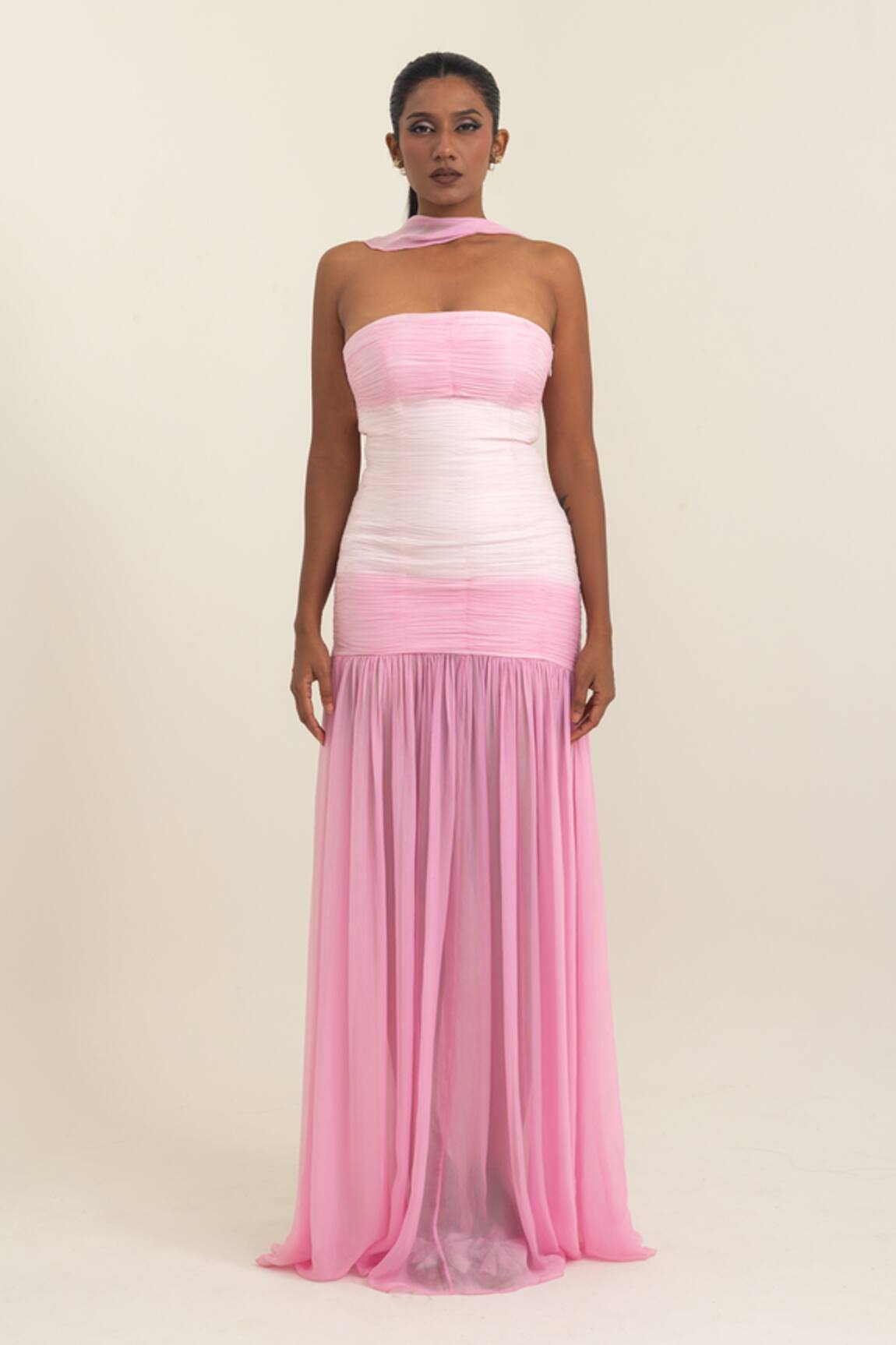 Pinup By Astha Ruched Strapless Gown With Stole 