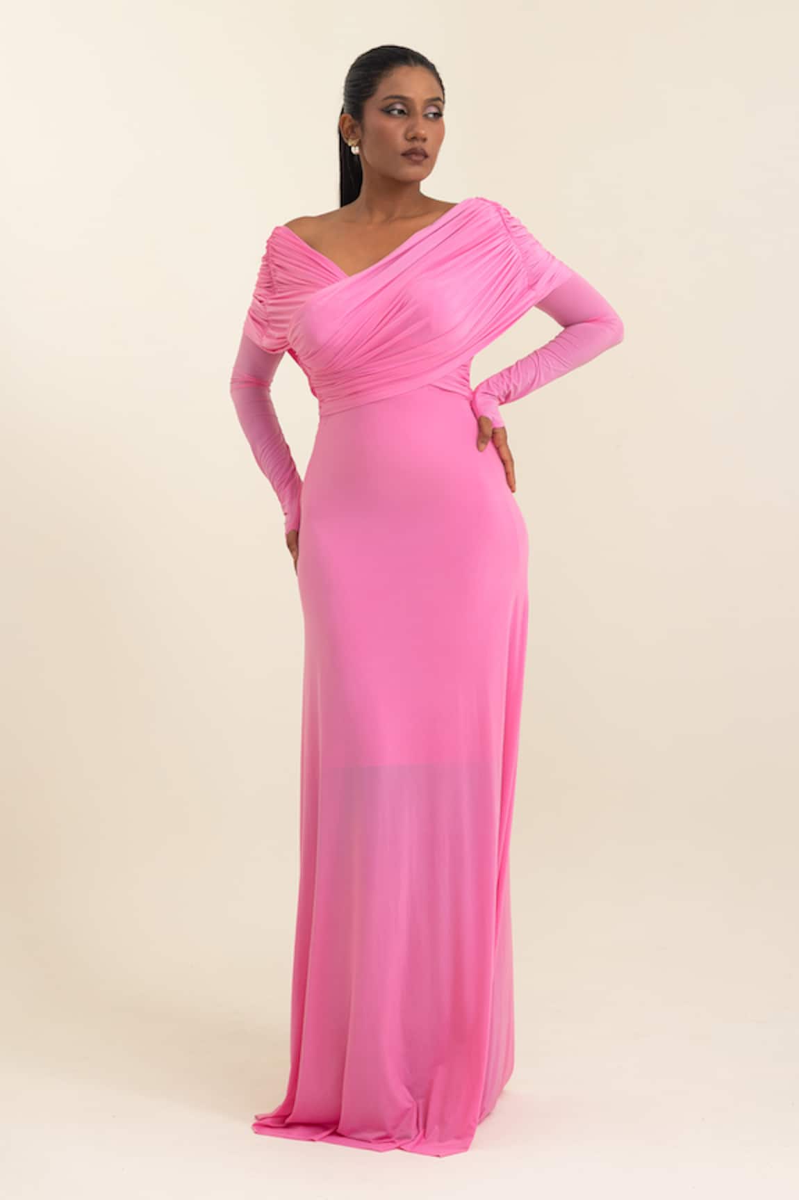 Pinup By Astha Draped V-Neck Long Sleeve Gown 