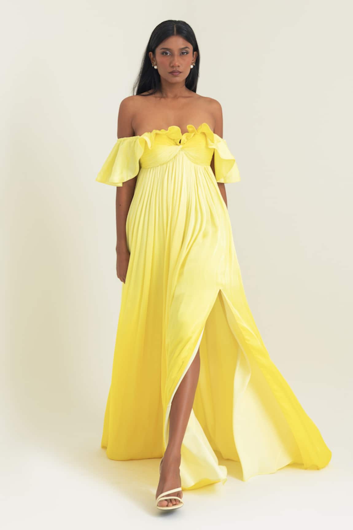 Pinup By Astha Off-Shoulder Ruffled Pleated Gown 