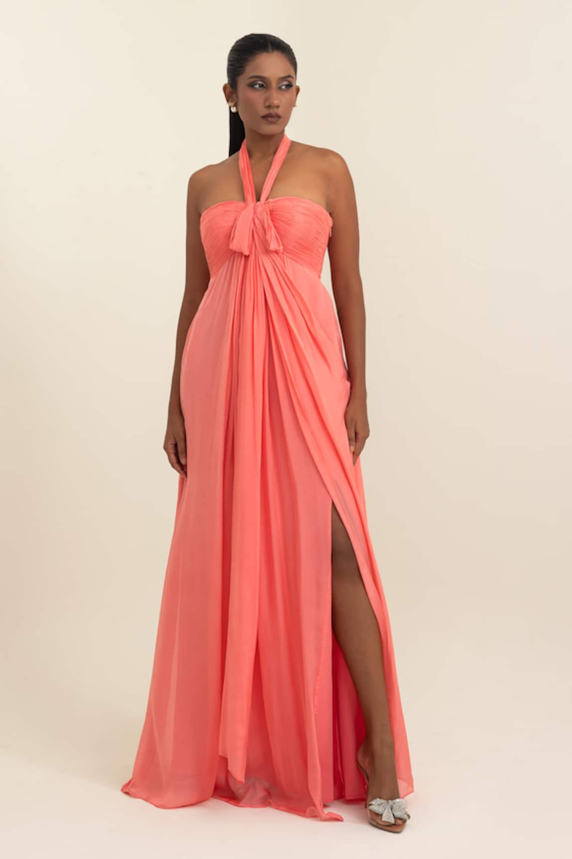 Pinup By Astha Halter Neck Ruched & Draped Gown 