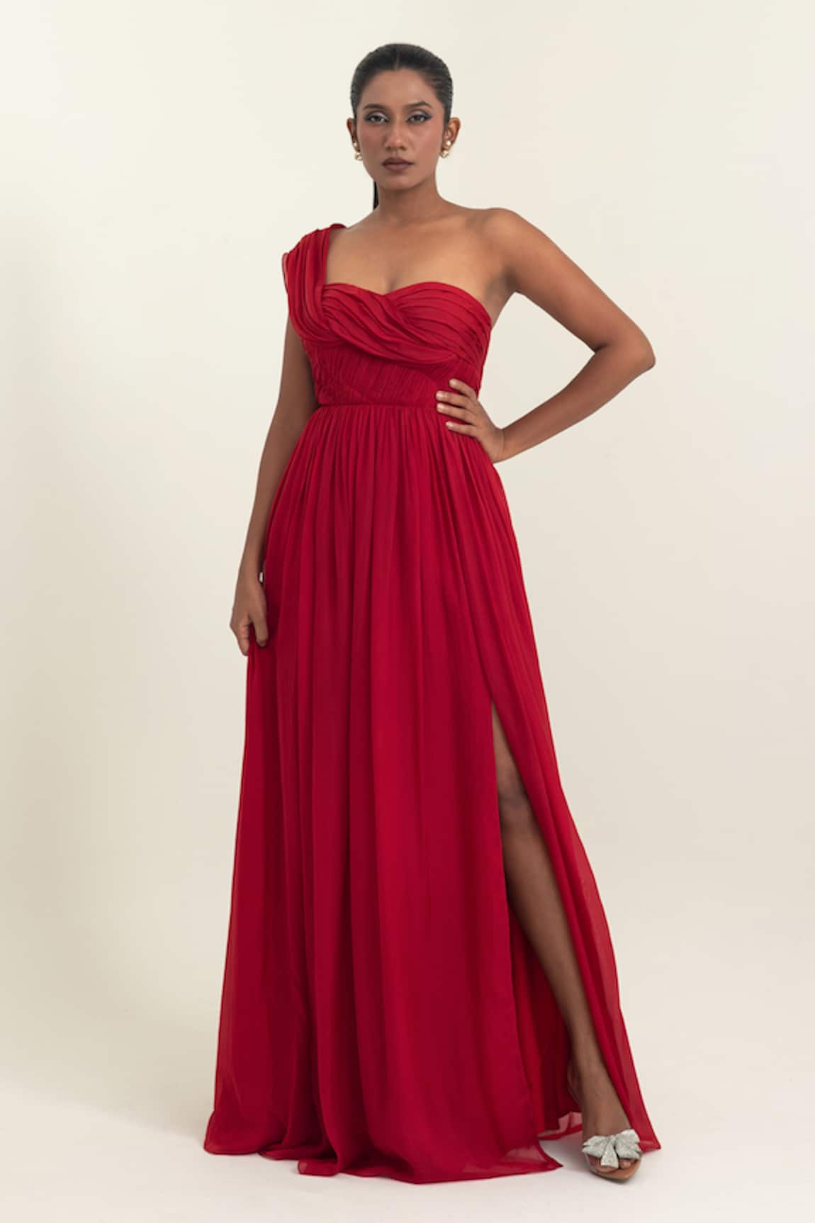 Pinup By Astha Draped One-Shoulder Chiffon Gown 