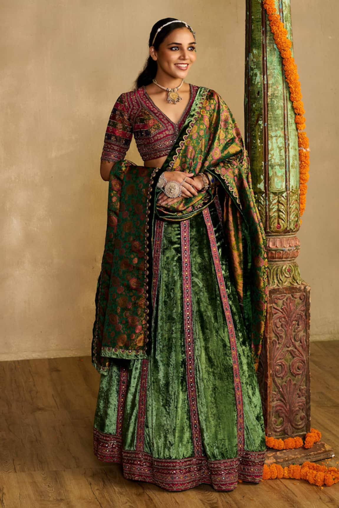 Reeti Arneja Haryali Velvet & Cotton Silk Lehenga Set